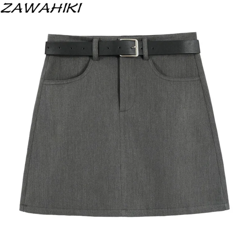 ZAWAHIPastel-Jupes trapèze taille haute pour femmes, jupes décontractées, tempérament élégant, polyvalent, preppy, gris, printemps, automne, nouveauté