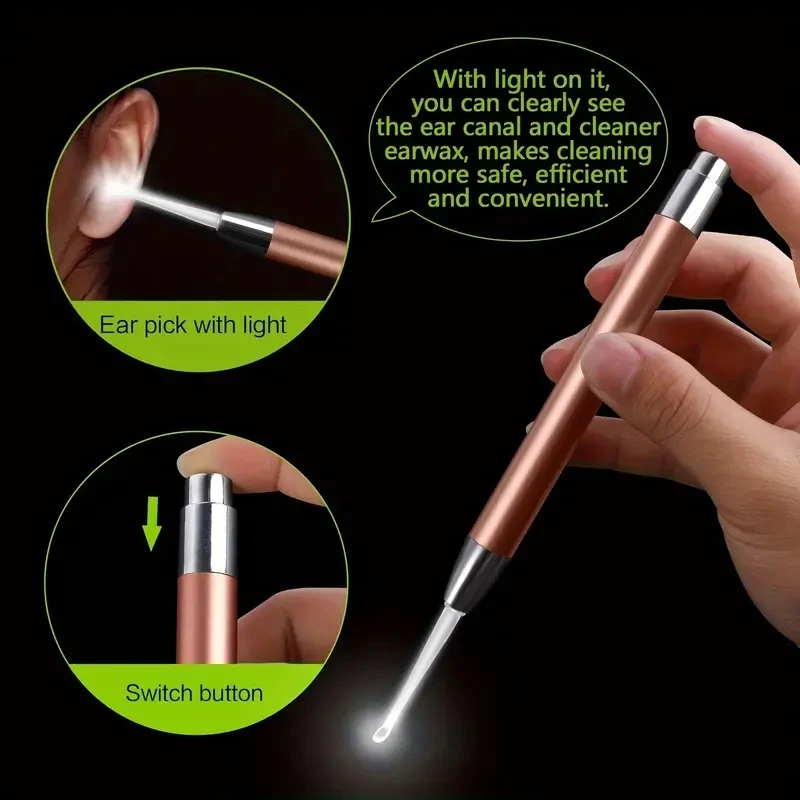 Stainless Steel Luminous Ear Scoop Light Visual Ear Cleaner Soft-Touch Ear spoon Head Ear Cleaning Tool Set for Safe Home Use