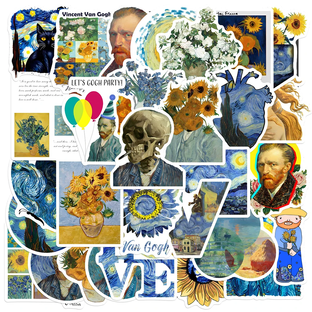 

10/30/50pcs Van Gogh Oil Painting Sunflowers Stickers Art Aesthetic Pattern Decals Luggage Scrapbook Phone Graffiti Sticker Pack