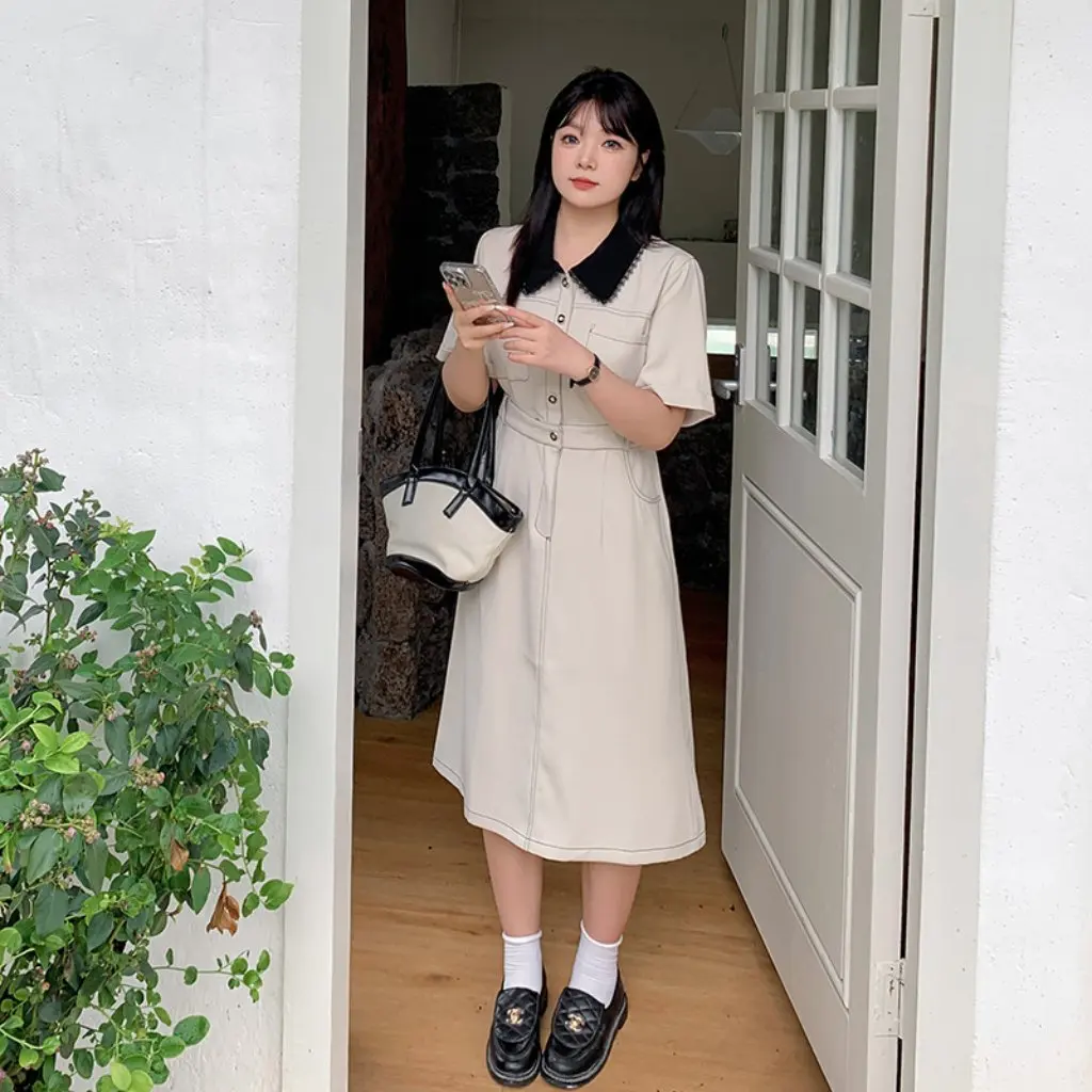 

Двойное летнее платье для полных девочек больших размеров, женское контрастное кружевное платье с маленьким лацканом, поступление D017