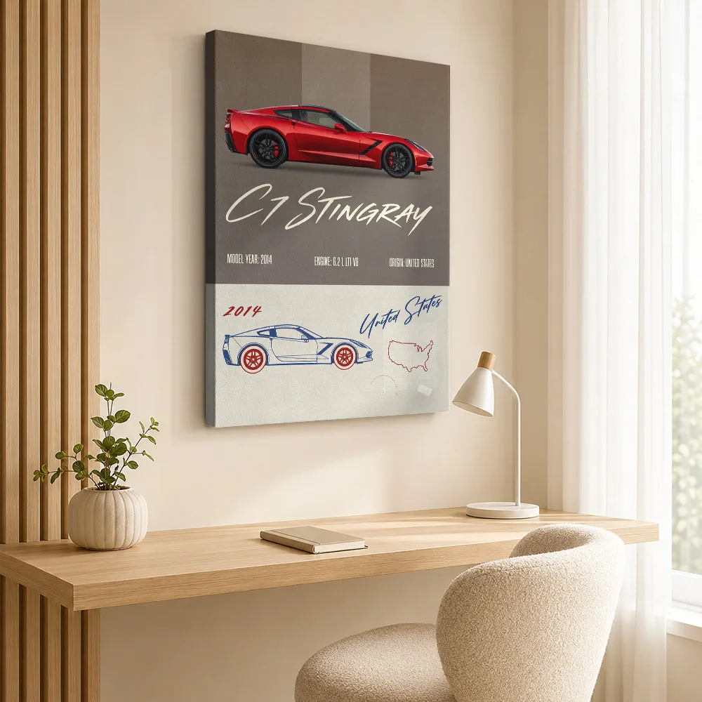 American C7 Stingray Red Sports Car Canvas Posters Retro Style Wall Art With Customized Photo For Living Room Ideal Driver Gift