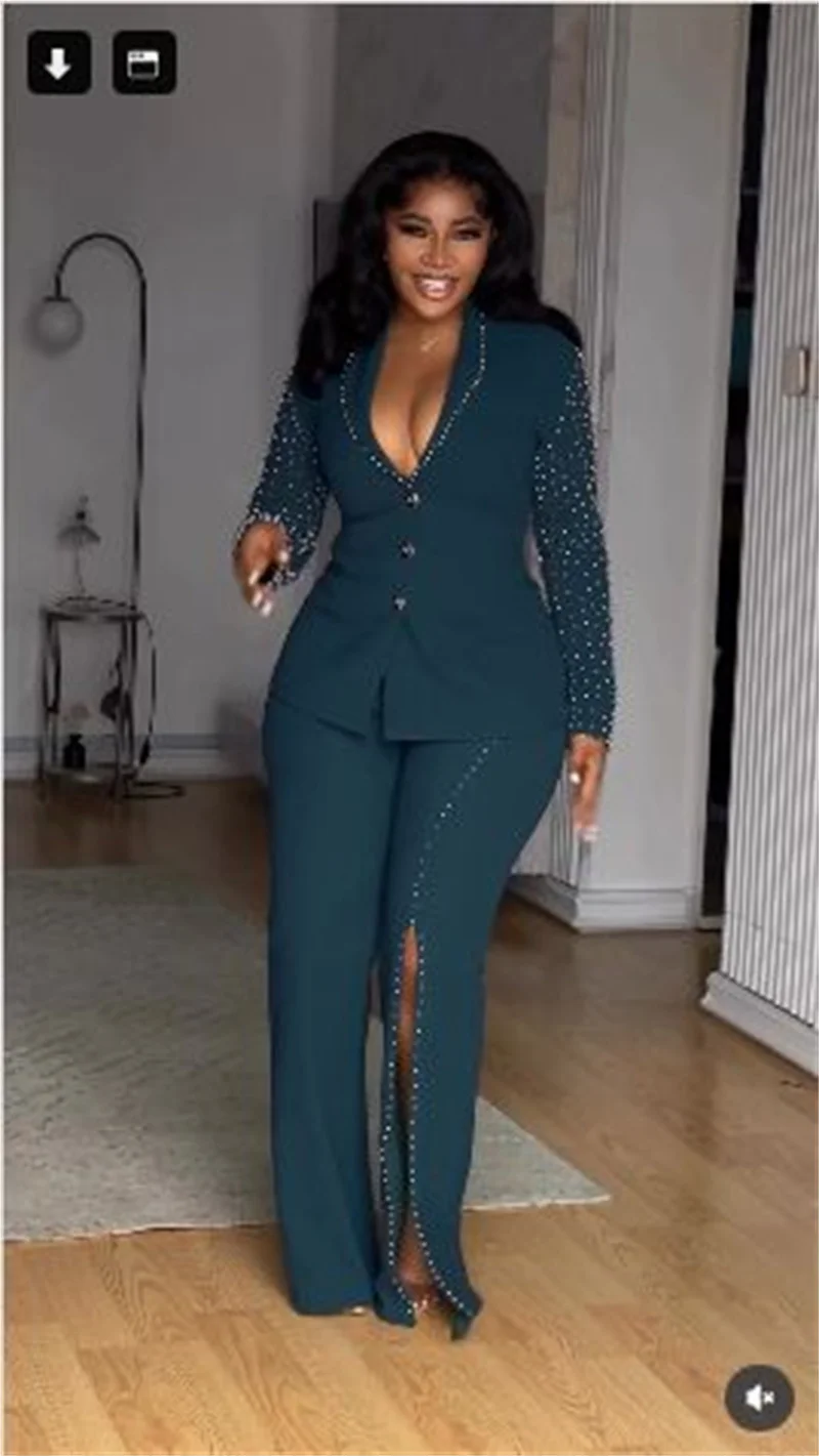 Luxury Pearls Women Suit Set 2 Pcs Blazer+Split Pants Trousers Cotton Formal Office Lady Jacket Customized Wedding Guest Coat