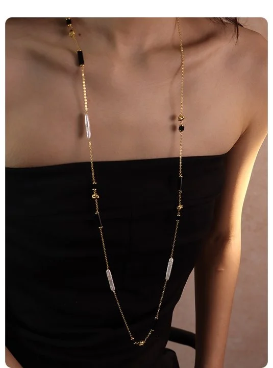 

Niche Design 95cm Natural Freshwater Pearl Maillard Necklace 18K Gold Plated Exquisite Craftsmanship Long Choker Sweater Chain