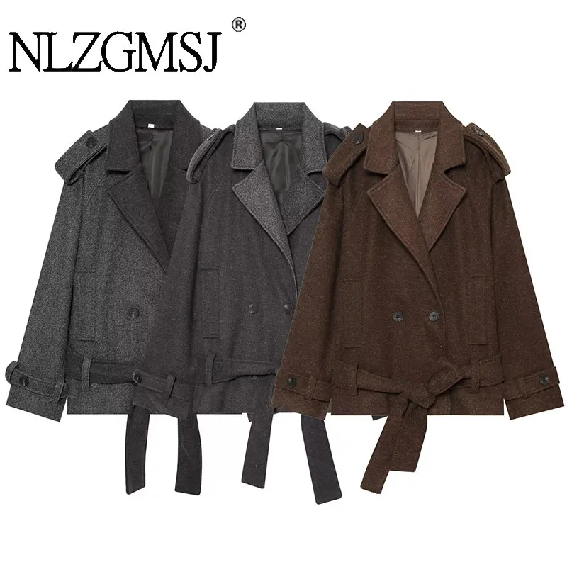 NLZGMSJ Vintage Women Jackets Solid Turn-down Collar Double Breasted Belt Long Sleeve Coat Fashion 2026 Autumn Outwear