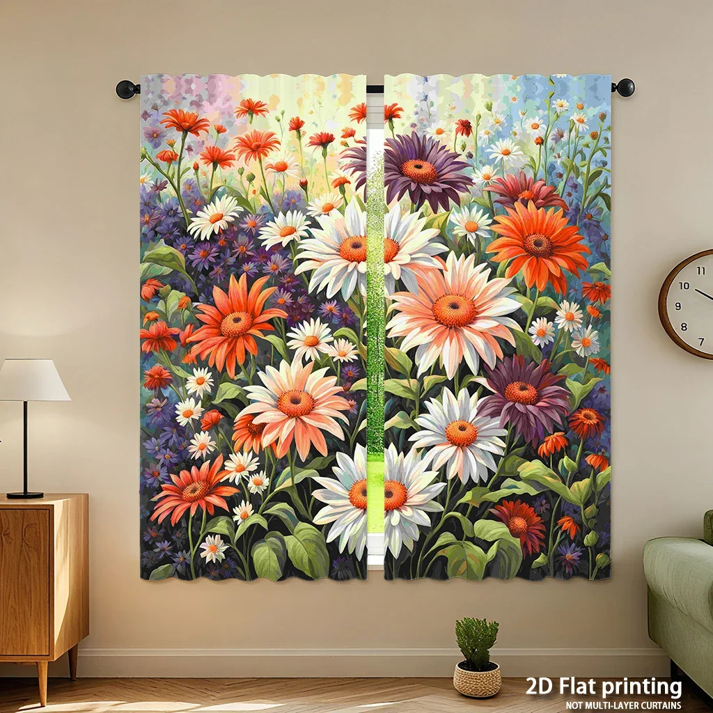 2-piece set of high-definition digital printed curtainsColorfulFlowersOilPaintingStyleCurtainHome decoration style