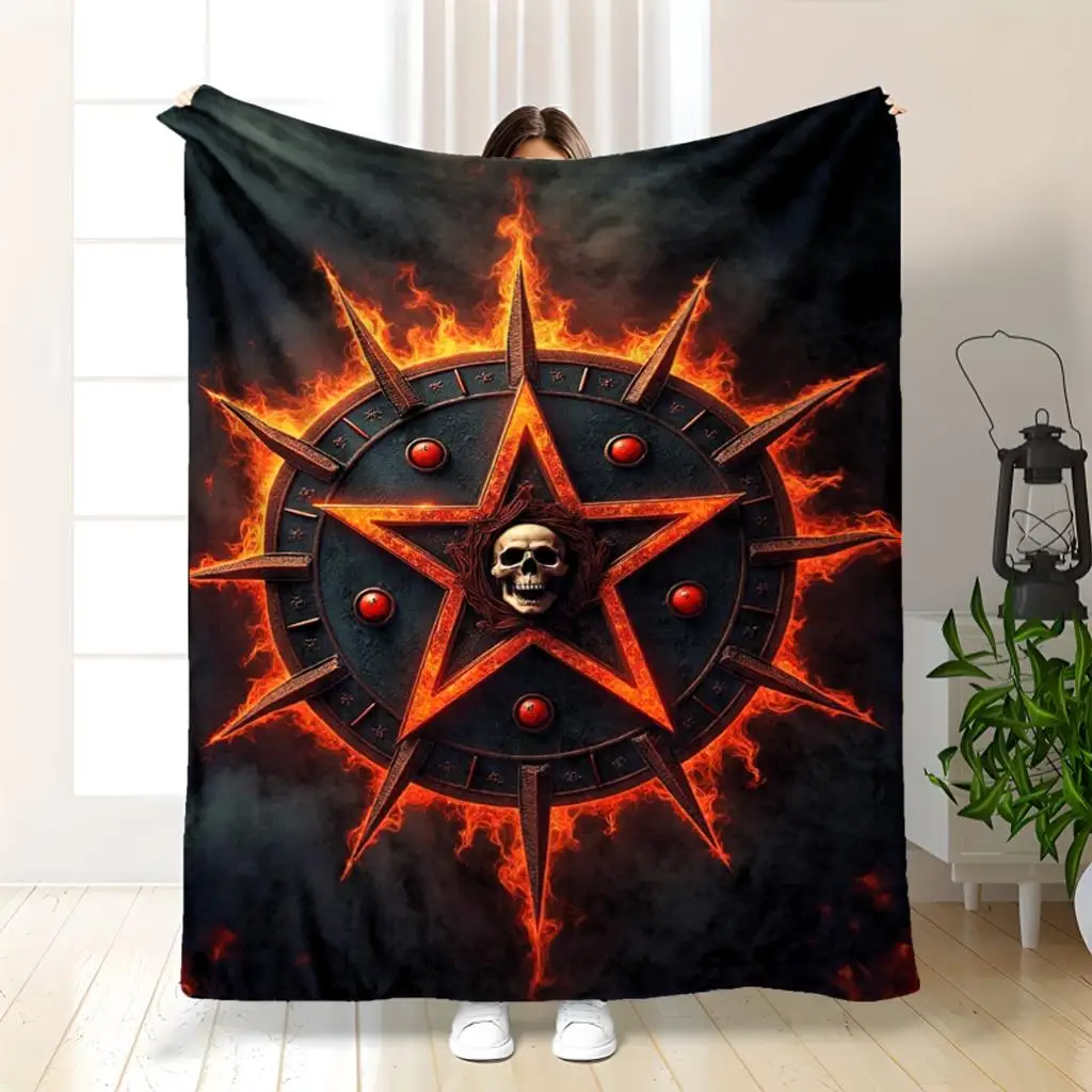 Skeleton five-pointed star flame pattern Flannel printed blanket suitable for all seasons for living room office sofa and travel