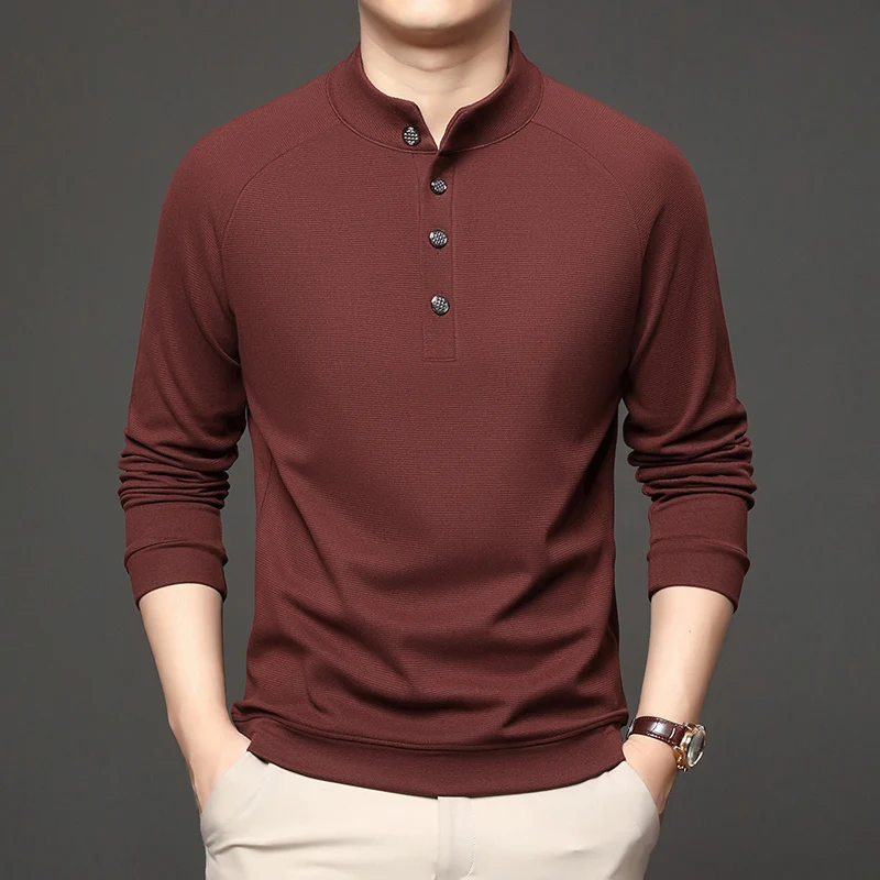 2025 가을 겨울 남성용 중국 스타일 스탠딩 칼라 후드티 신형 헨리 칼라 긴팔 티셔츠 다용도 베이스 셔츠