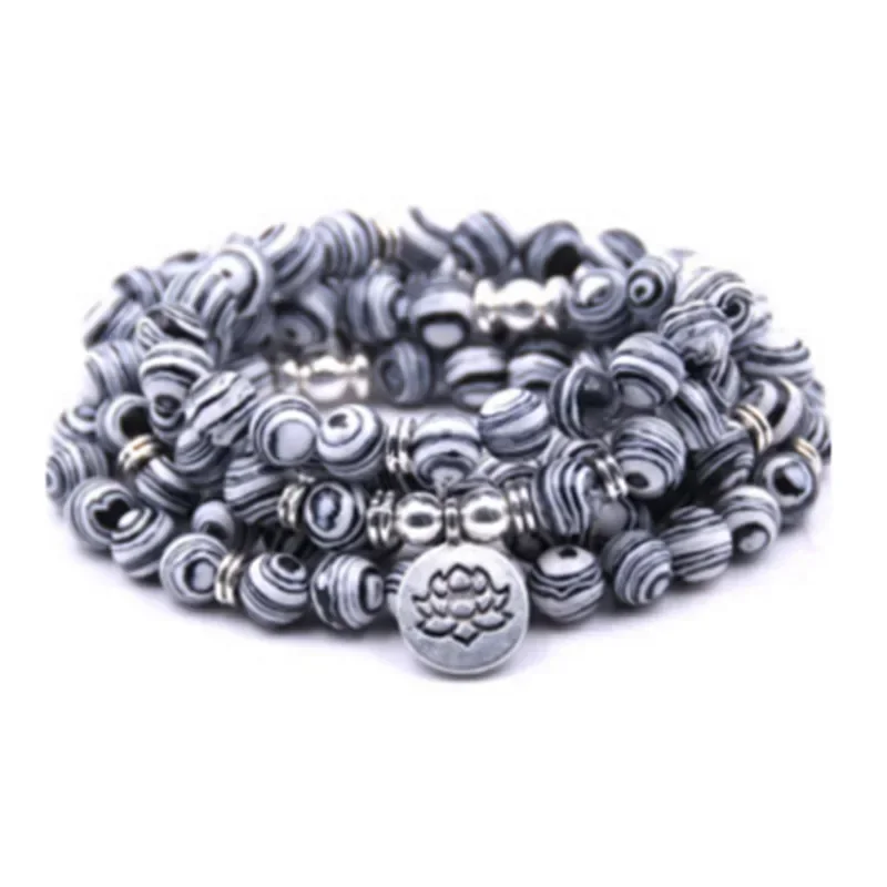 Matte White Black Yoga Bracelet For Men And Women Long Chain Lotus Flower Pendant Stretch Bead Bracelet Jewelry Gift