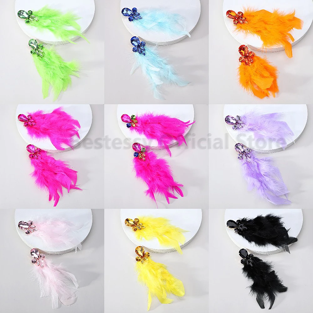 Colorful Glass Long Feather Drop Dangle Earrings For Women Luxury Trendy Handmade Pendientes Romantic Wedding Bride Jewelry Gift