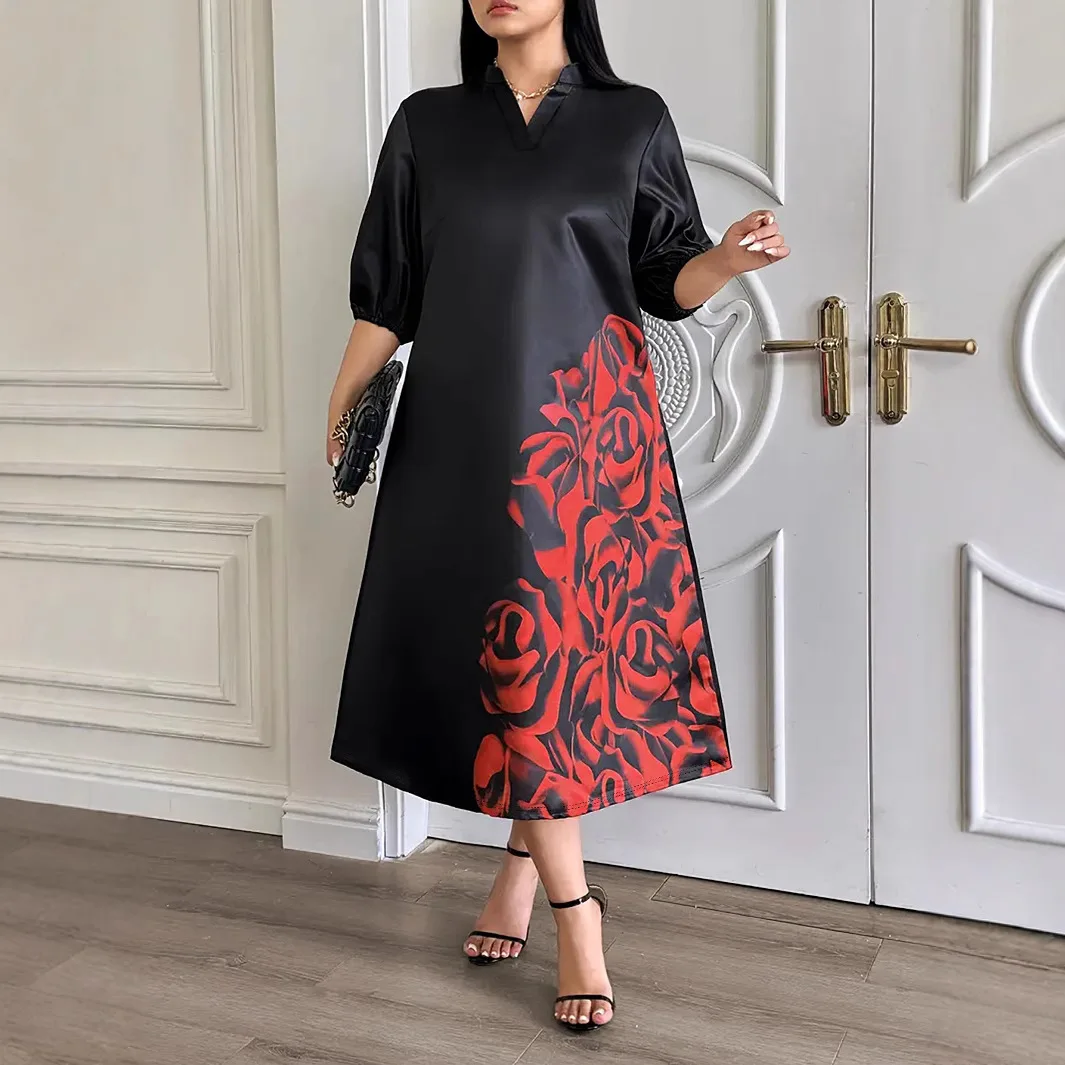 

Элегантное женское платье больших размеров, атласное платье трапециевидной формы с цветочным принтом, с коротким рукавом и v-образным вырезом, офисные женские повседневные свободные осенние платья 2025