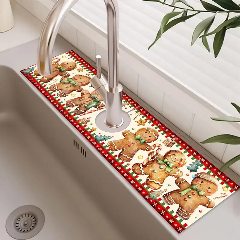 VIKAMA Gingerbread Faucet Mat Buffalo Plaid Non Slip Absorbent Kitchen Sink Draining Pad For Countertop Basin Xmas Decor