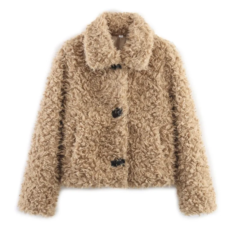 

Зимняя куртка из искусственного меха в европейском стиле с воротником и длинными рукавами, женская однобортная верхняя одежда из искусственного меха, куртки, пальто, топы