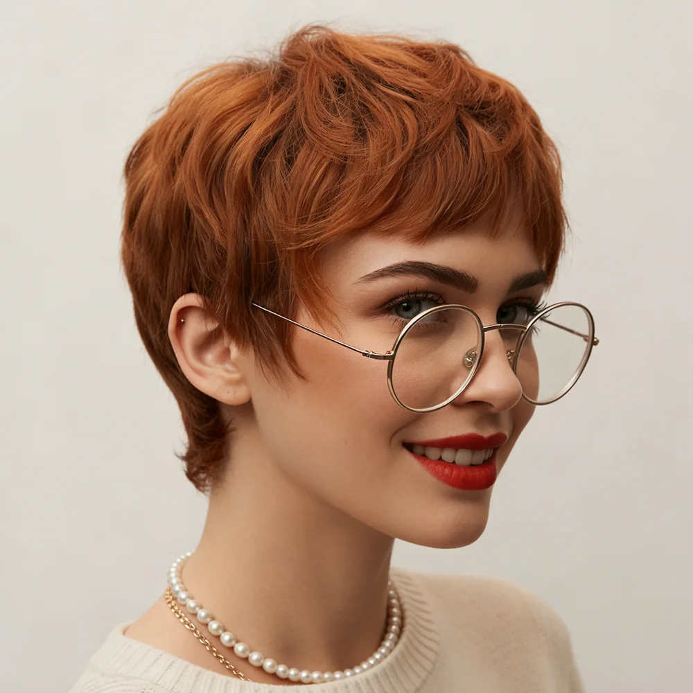 

Теплый медно-красный парик пикси-каре с мягкой текстурой и рваной челкой, из натуральных волос, не требующий особого ухода, многослойный, в стиле пикси.