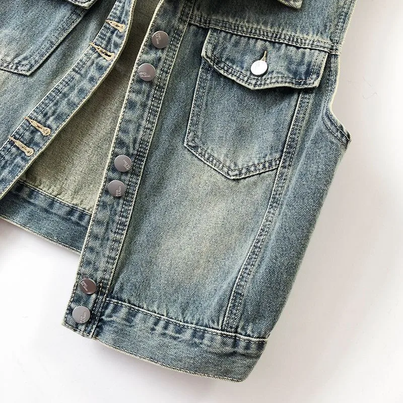 Retro Denim Jeans Vest Coat Women's Short Sleeveless Jeans Jacket Spring Autumn Lady Korean Loose Denim Waistcoat Camisole Tops