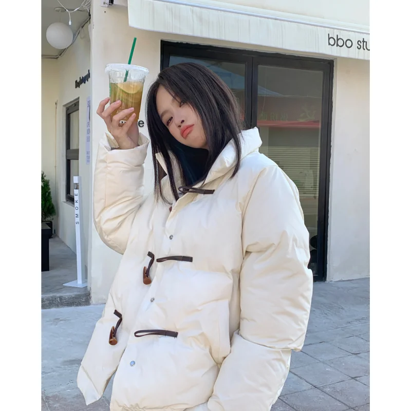 Women White Down Jacket Horn Button Solid Coat Fashion Chic Windproof Thicken Duck Down Feather 2023 NEW Female Winter Outwear