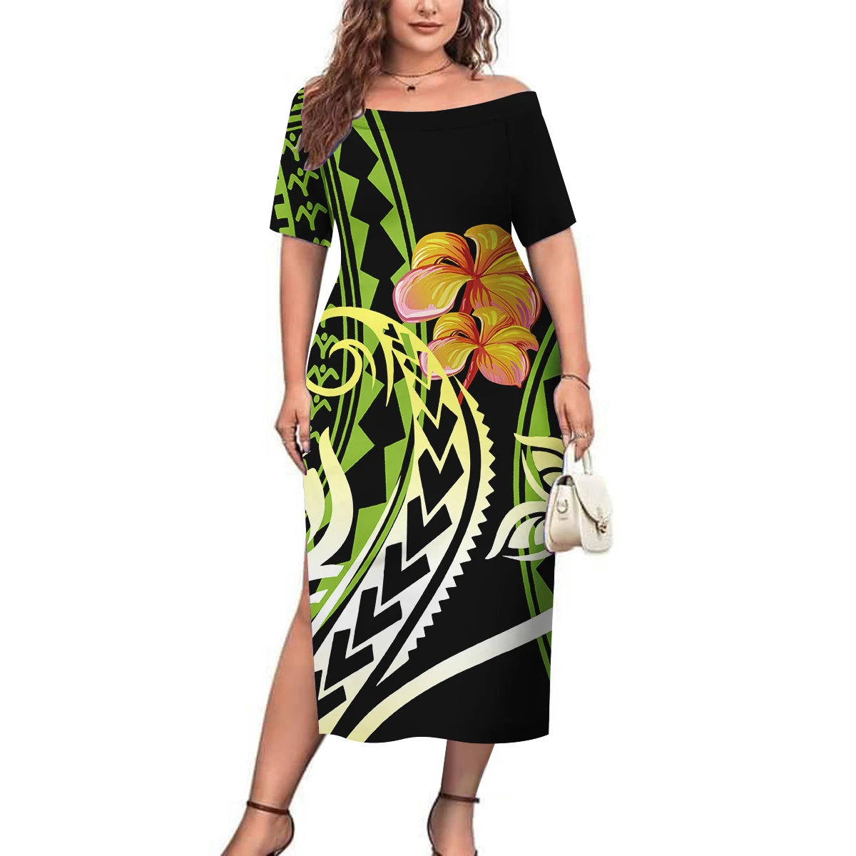 

New Island-Style Women'S Fitted Round-Neck Short-Sleeved Dress Polynesian Samoan Fiji Floral Print Slit Long Dress