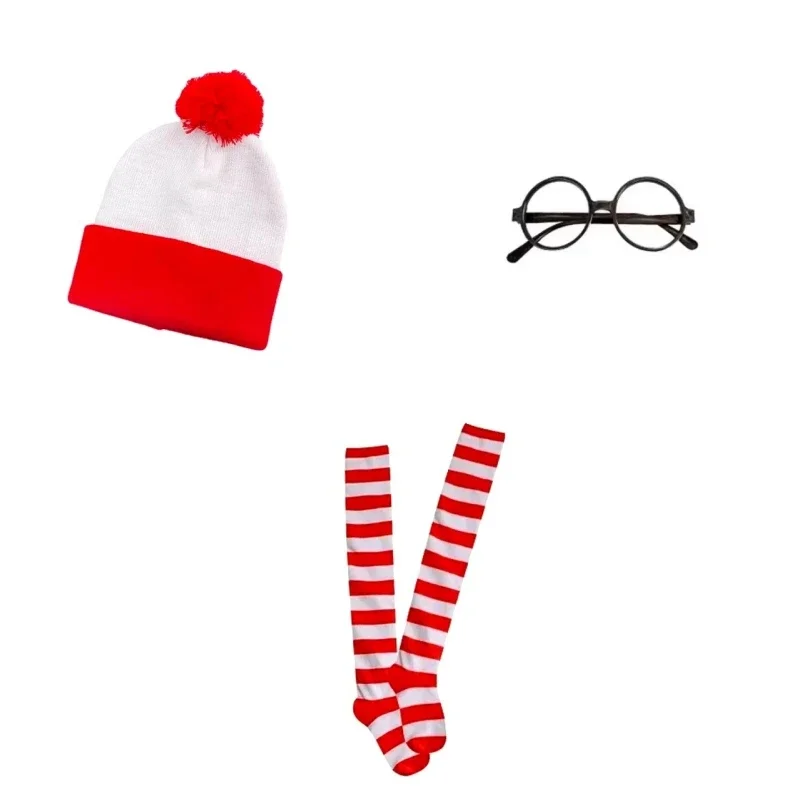 

Wheres Waldo Wally Glasses Hat Socks Unisex Adults Costume Accessories Christmas Halloween Party Funny Cosplay Costumes