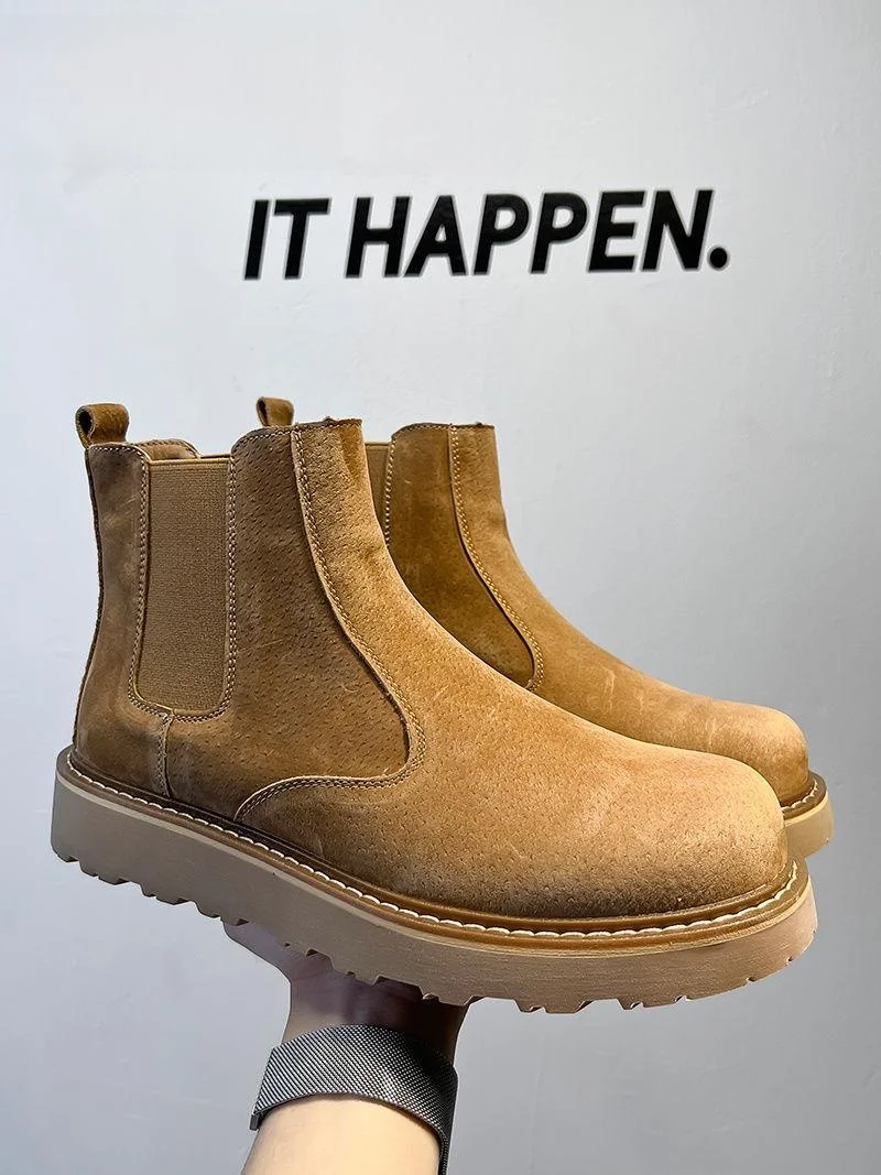 

Ботинки из натуральной кожи, мужские ботинки челси до середины икры, рабочая одежда в пустыне, новинка 2024, с круглым носком, на плоской подошве, на резиновой подошве