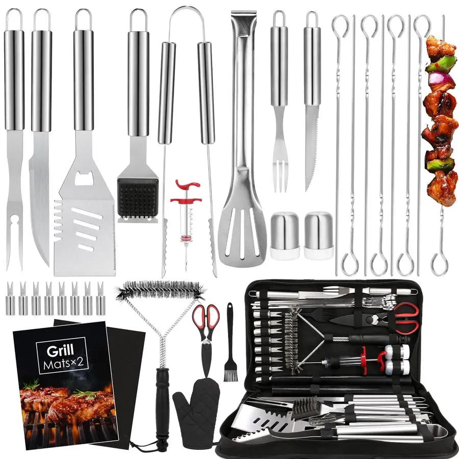 Juego de Accesorios para Asar a la Parrilla, 34 Piezas, Herramientas Resistentes para Acampar al Aire Libre, Regalos para Hombres y Padres, Barbacoa de Acero Inoxidable