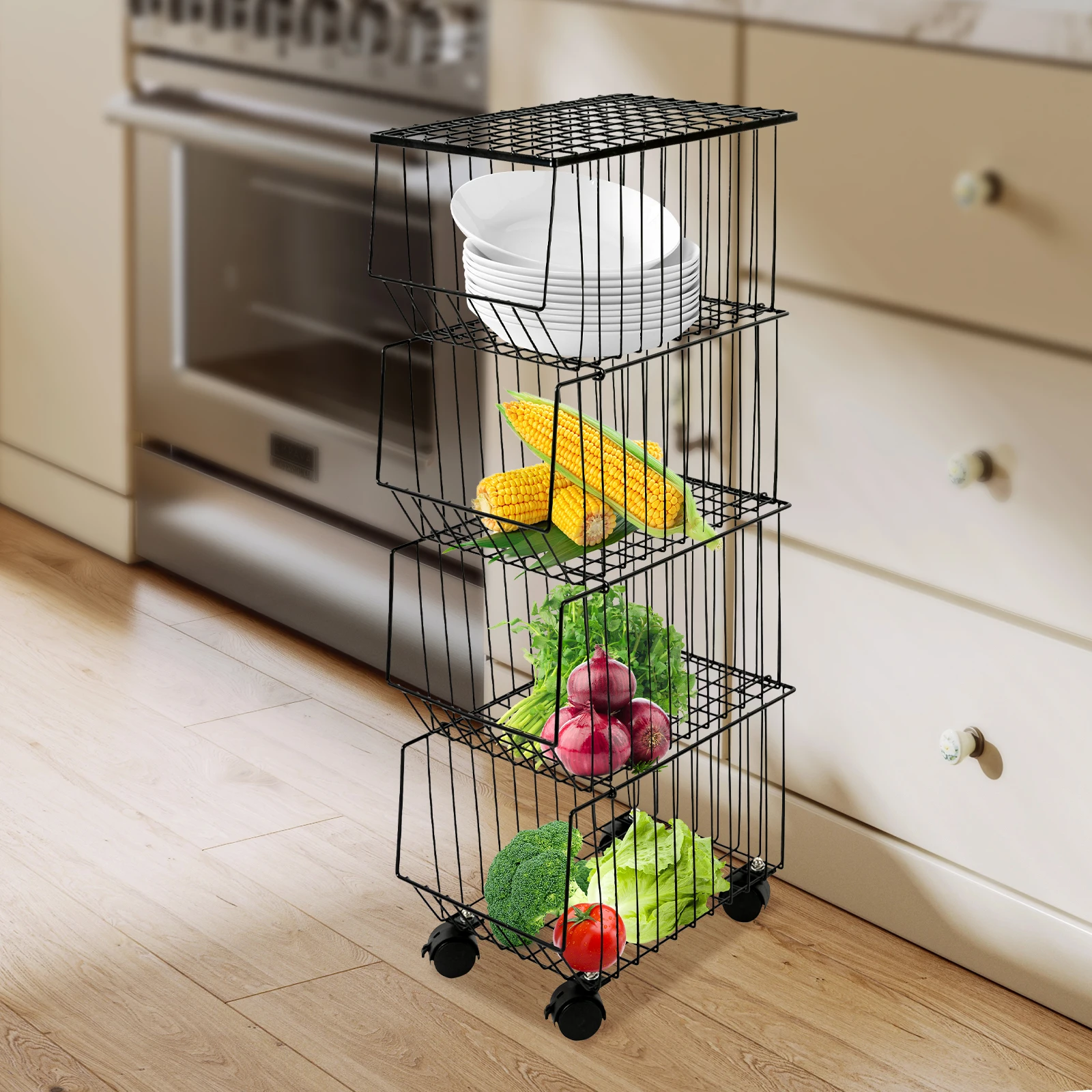 

4-Tier Fruit Basket Stand with Wheels, Fruit and Vegetable Storage Cart, for Kitchen Pantry Laundry Room Dining Room Bathroom