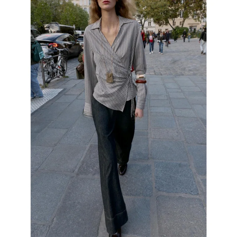 Autumn Winter New Arrival Women's Commute Sle Long Sve Double Breasted Striped  Knot irt Top Polyester Fiber