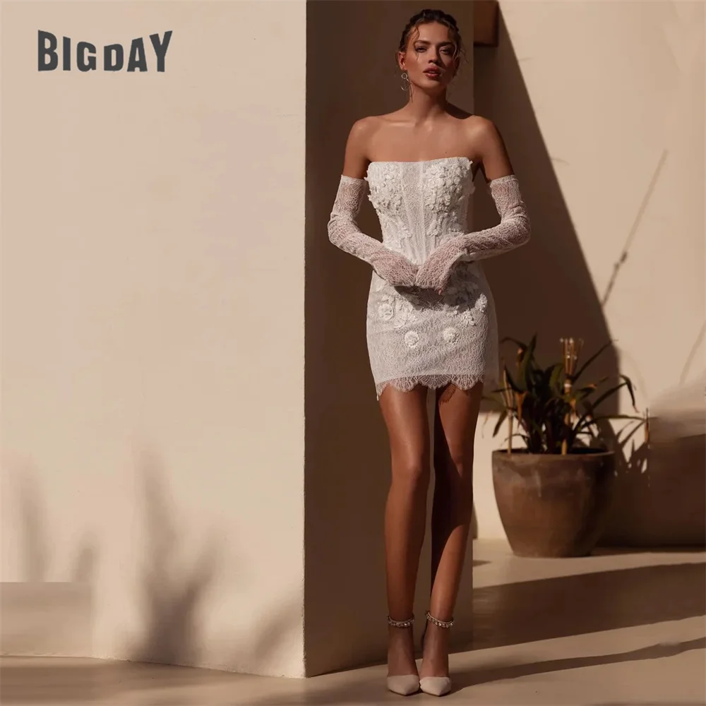 

BIGDAY Lace Appliqued Short Sheath Wedding Dress Women Strapless Above-Knee Sleeveless Bridal Gown Vestido De Noiva Customized