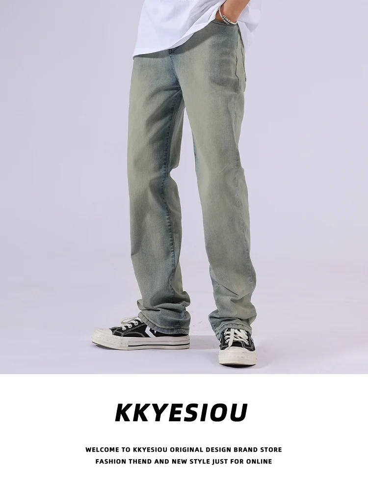 

KKyesiou American Casual Vintage Light Blue Jeans Men's Street Straight Leg Pants High Waist Button Fastening No Stretch Yout...