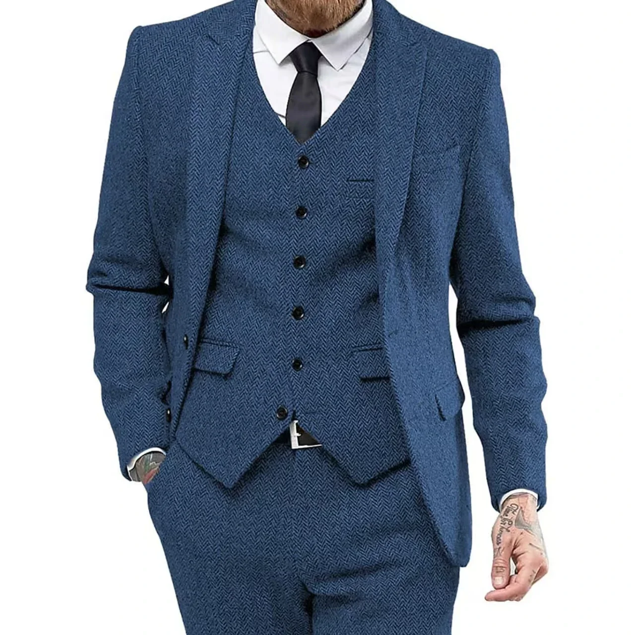 Retro Herringbone Suit for Men Stylish Vintage Tuxedo Set 3 Pieces Blazer Vest and Pant Set for Wedding Business Evening Party