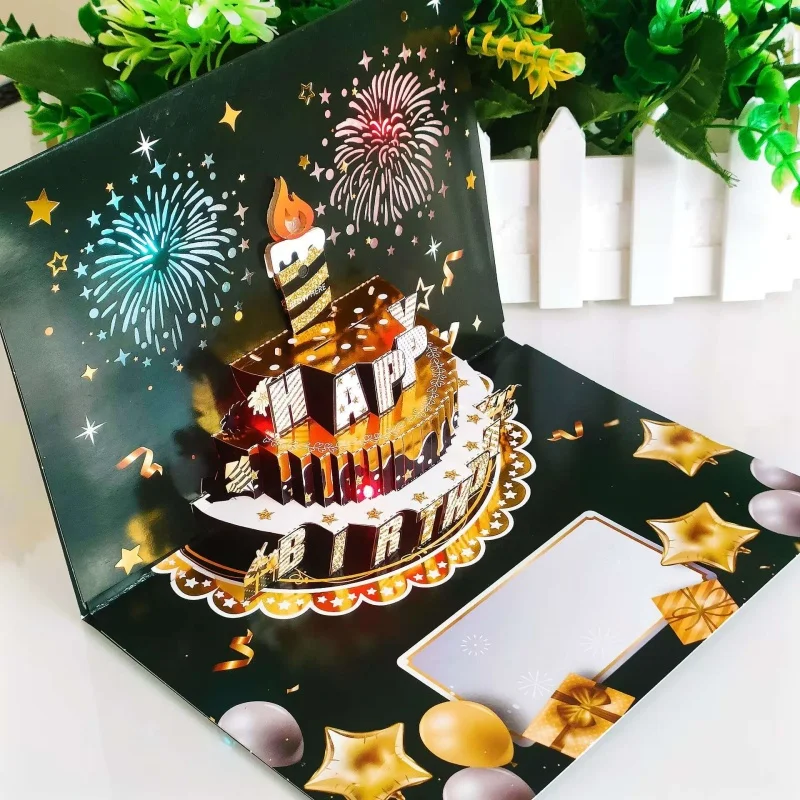 Happy Birthday Card Fire-works 3D Pop Up Cake Light and Music Happy Birthday Card Gift Greeting Card for Husband Kids Wife Mom