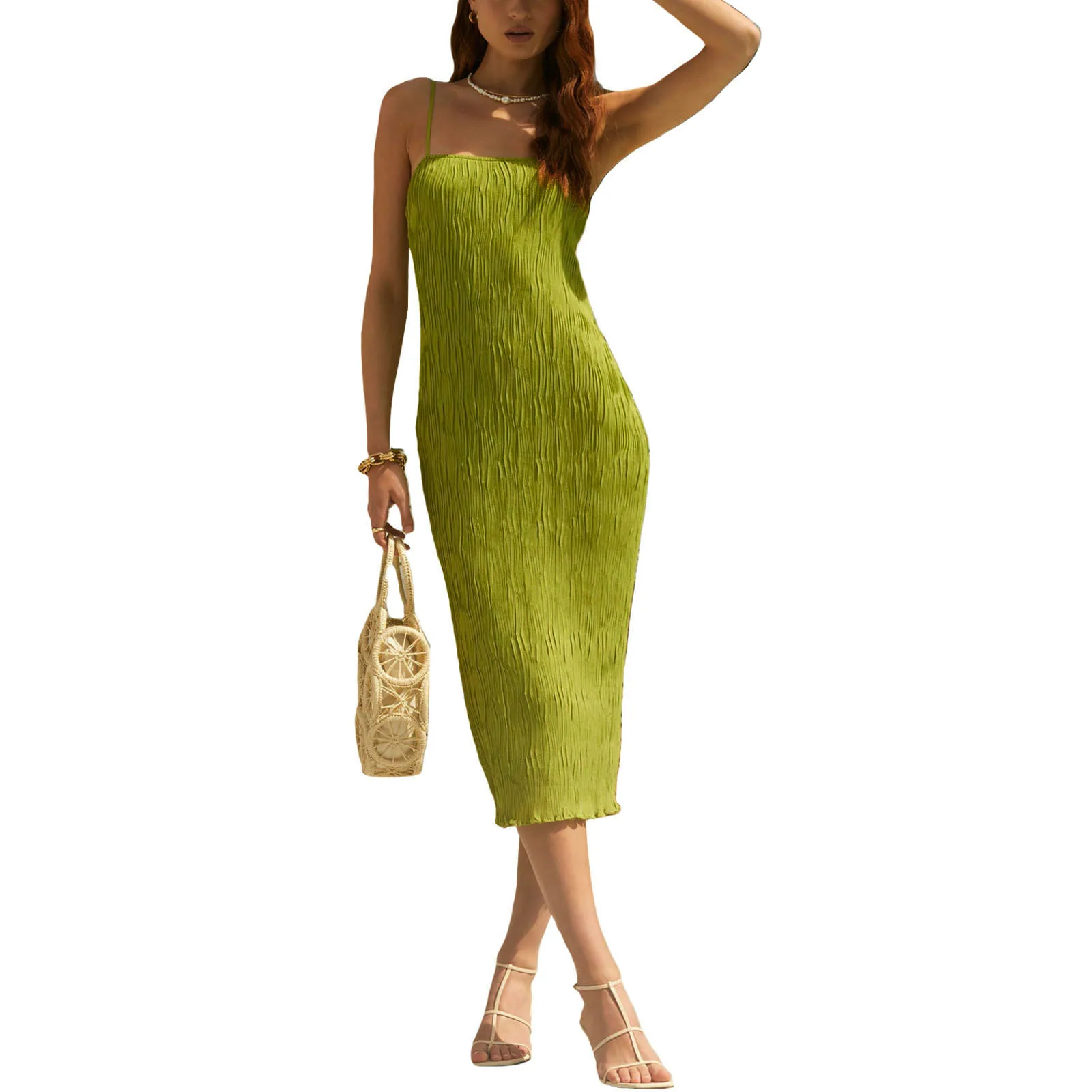 

Women Spaghetti Strap Sleeveless Dress Solid Color Summer Backless Bodycon Party Dress for Cocktail Beach Streetwear