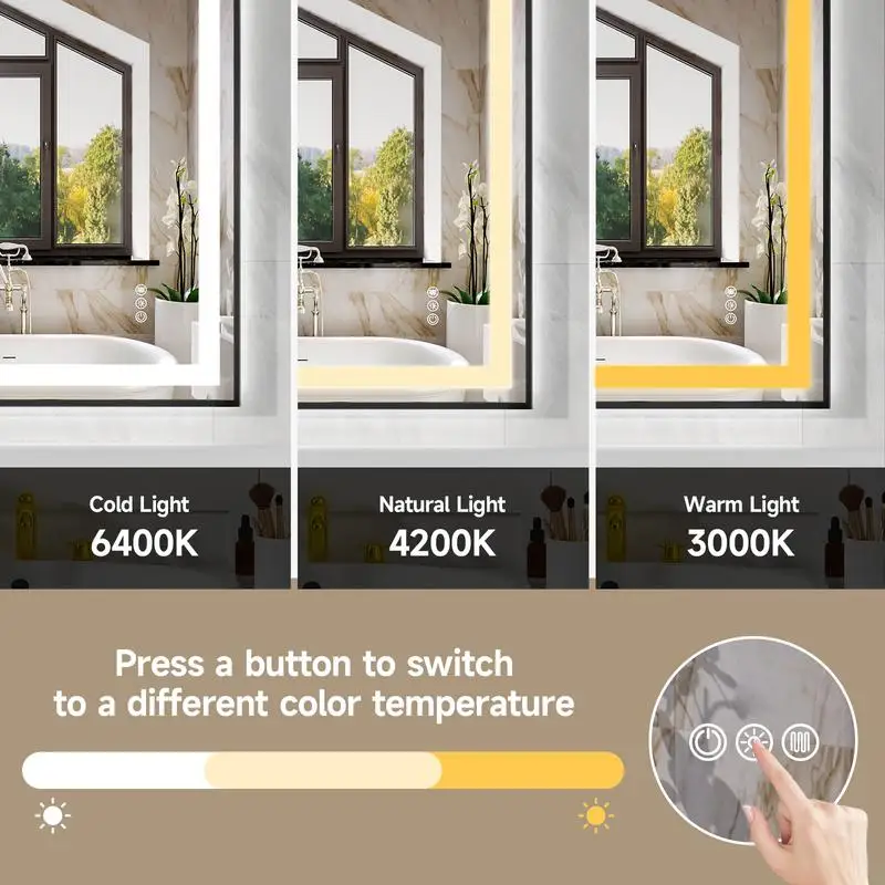 مرآة فضية سوداء صديقة للبيئة مقاس 48 × 40 مع شرائط إضاءة LED مزدوجة وإضاءة أمامية وخلفية #5