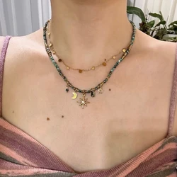 Vintage Natural Stone Beads Necklace Women's Charm Moon Sun Mang Star Pendant Can be Stacked Jewelry Gothic Jewelry Gifts