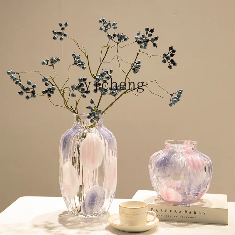 YFY  pink blue polka dot vase striped glass art hydroponic big belly flower arrangement table decoration ornament fairy garden
