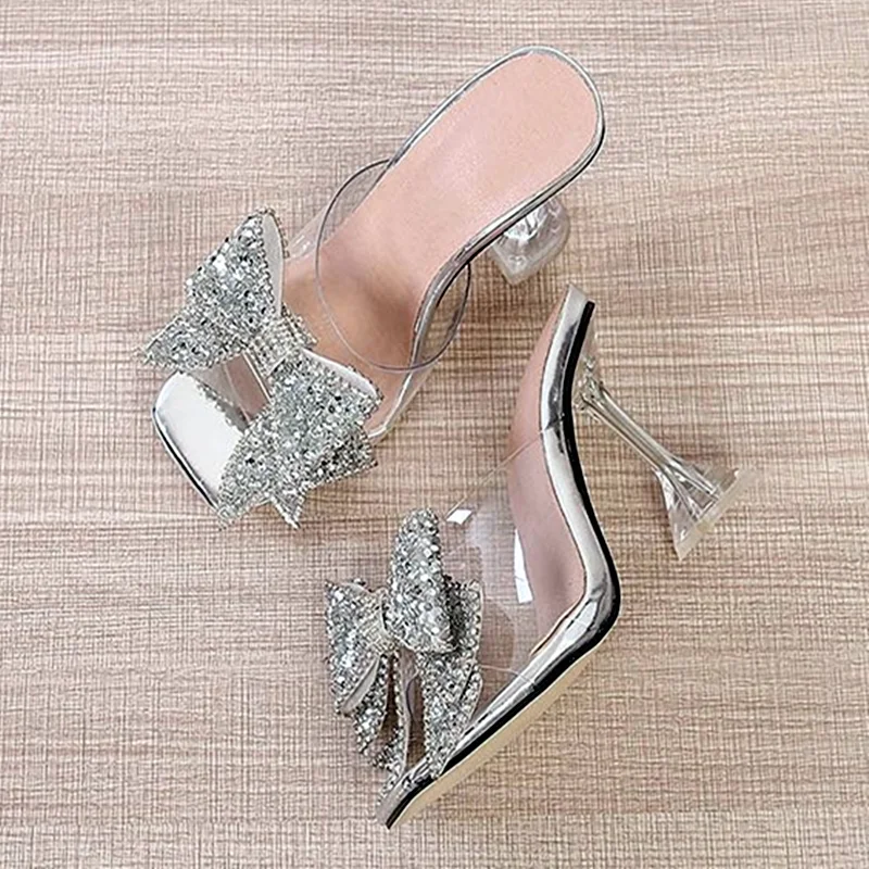 2024 New Transparent Slippers for Women Fashion Silver Crystal Bowknot High Heels Women Clear Mules Slides Summer Heeled Sandals