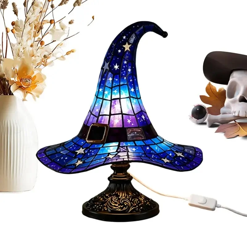Stained Witch Hat Table LampStarry Sky LED Night Light Halloween Decor Bedside Desk Lamp For Bedroom Home Party
