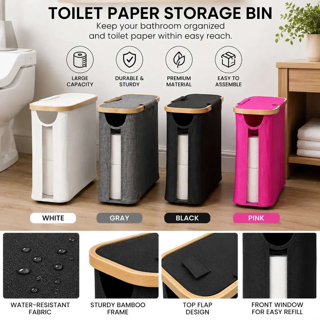 Foldable Water‑Resistant Toilet Paper Storage Basket, Holds 9 Rolls, Stackable Single‑Piece Eco‑Friendly Bathroom Toilet Paper Organizer