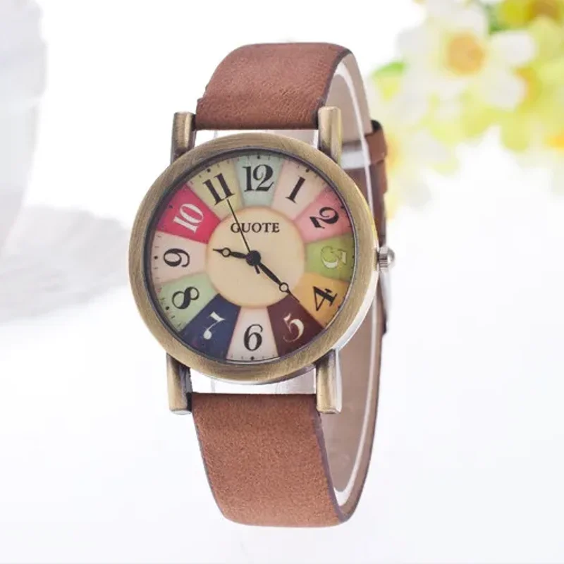 Top New Famous Vintage Casual Quartz Watch Women Leather Strap Dress Watches Relogio Feminino Rainbow Color Number Clock Hot