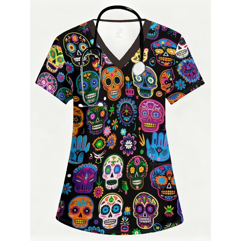 Women's Stylish Halloween V-Neck Short-Sleeve Work Uniform with Pockets – Lively, Colorful Mexican Day of the Dead Print