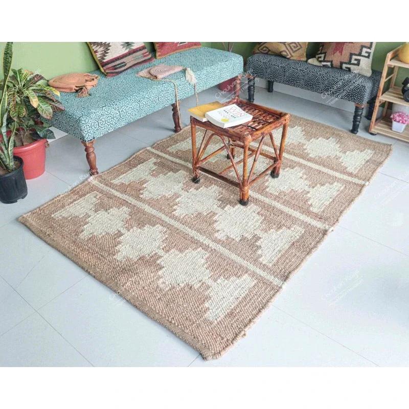 

Indian Handwoven Beige Hemp Jute Rug with White Design Dhurrie Rug Vintage Rug