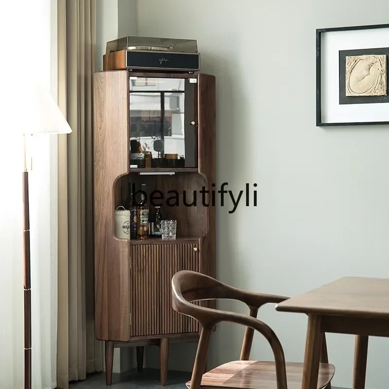 2003Black walnut triangle cabinet Nordic solid wood corner wine cabinet Living room side locker