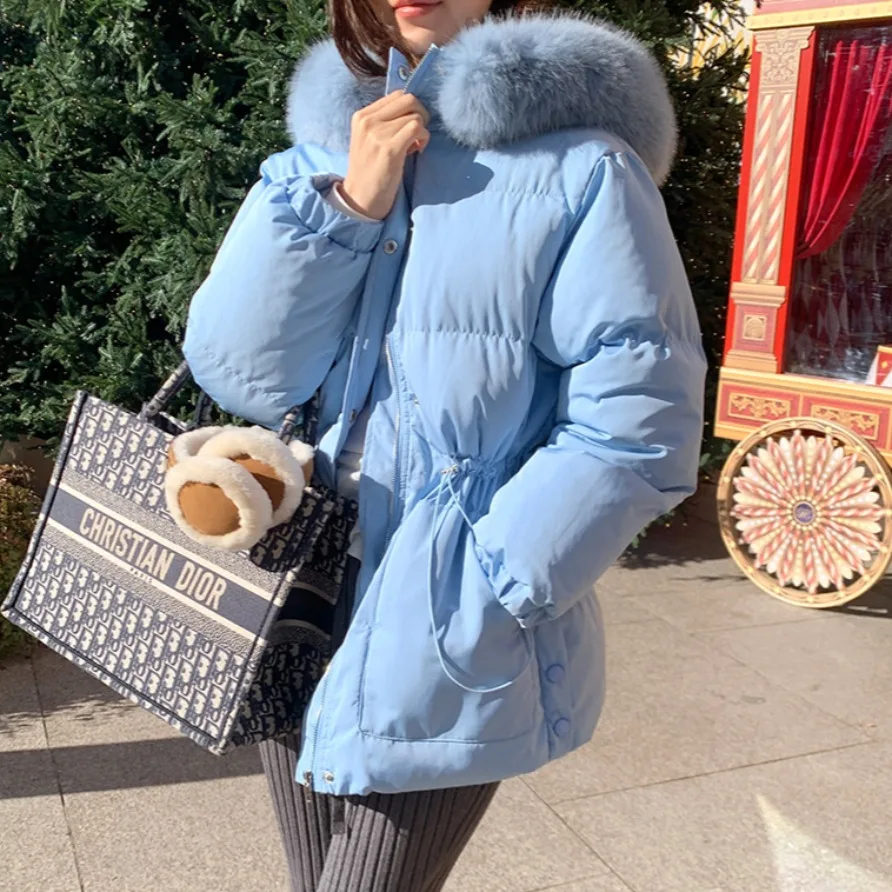 معطف نسائي شتوي من القطن Jaet بياقة من الفرو المزيف معطف دافئ متوسط الطول بياقة كبيرة من الفرو ملابس كورية للتنقل #1