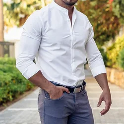 Camisa de manga larga de gimnasio de alta elasticidad para hombre, camisa de cuello alto informal de verano, ropa de calle hawaiana, ropa diaria