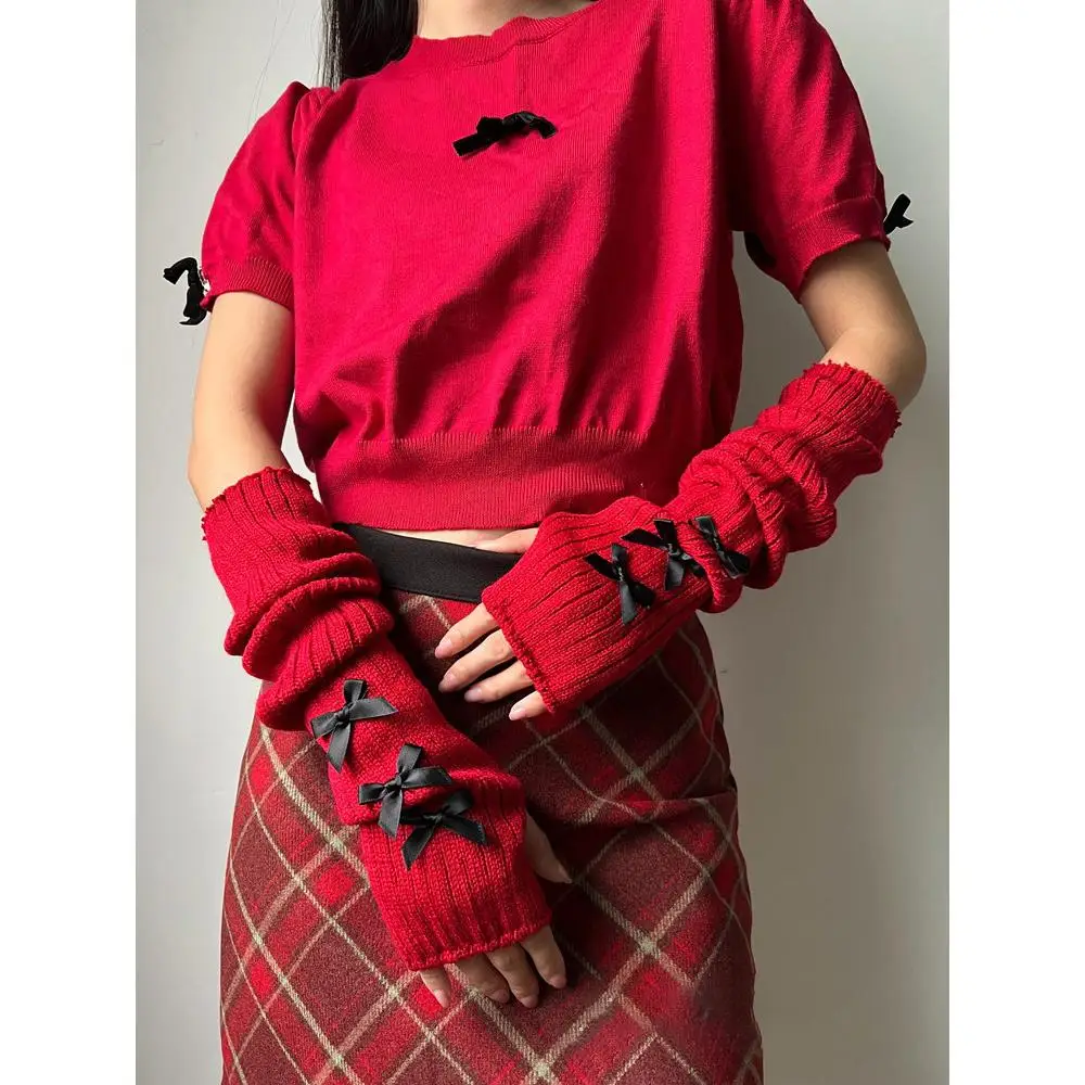 

Punk Lolita Bowknot Arm Warmers Japanese Harajuke Y2K Sweet Arm Sleeve Gothic Knit Long Sleeve Fingerless Mittens for Women