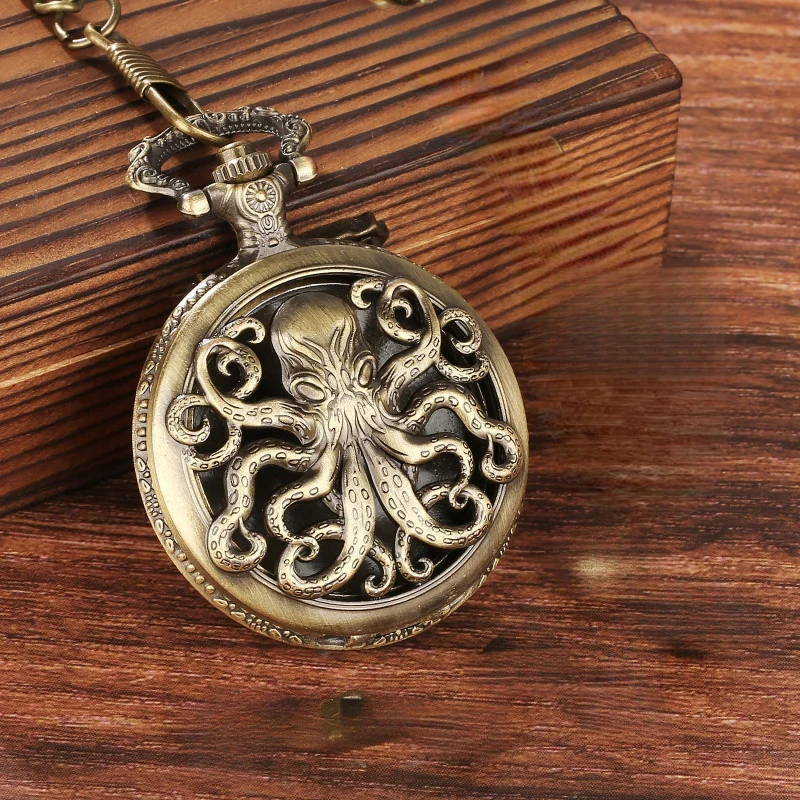 Bronze Octopus Pocket Watch Retro Unique Pattern Quartz Chain Chronograph Gift For Men Boys