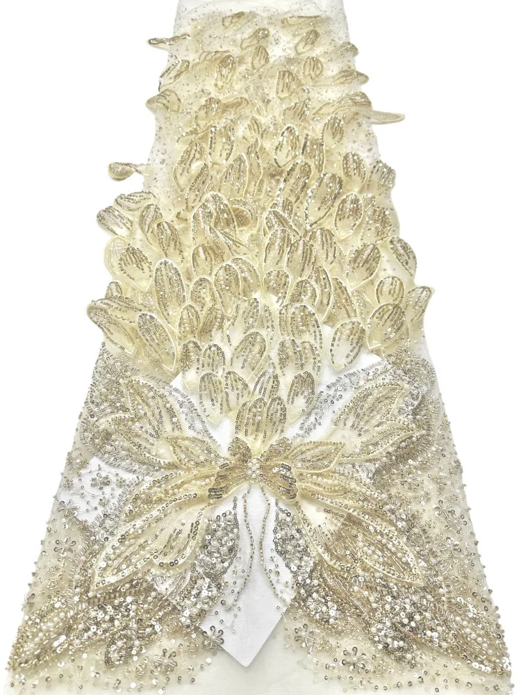 

Luxury 3D African High-end Beaded Embroidery Lace Nigerian French Sequin Lace Fabric Women's Wedding Party Dresses