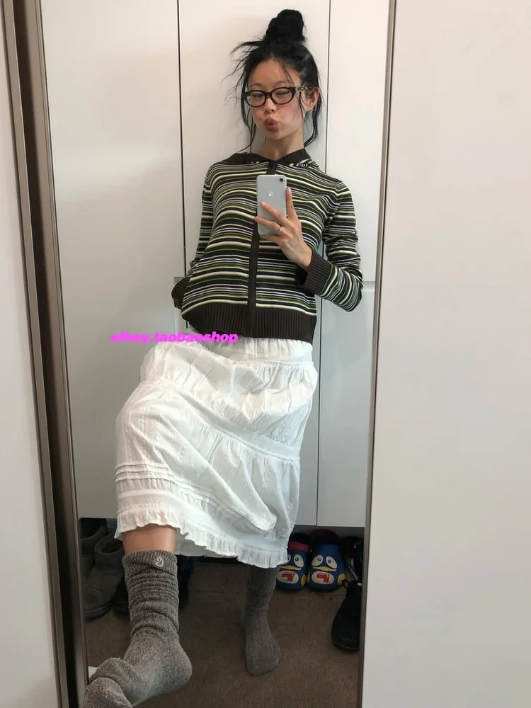 الخريف الشتاء خمر مخطط سترة مشغولة من الصوف معطف الكورية موضة سليم صالح كل مباراة زمم هوديي المرأة سترة Y2k #2