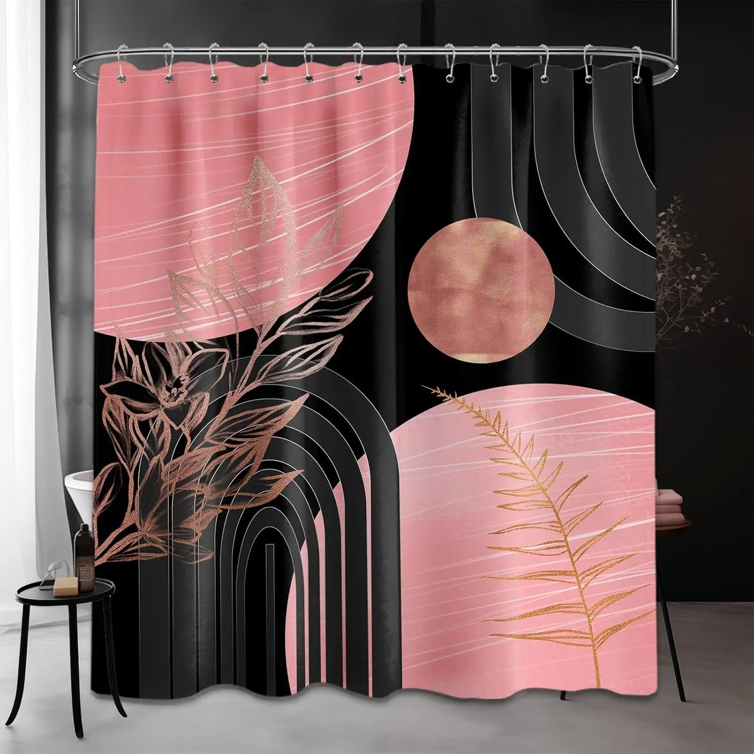 

Aesthetic Boho Pink Floral Pattern Shower Curtain Liner Bathroom Decor Leaf Botanical Modern Print Curtain for Home Accessories