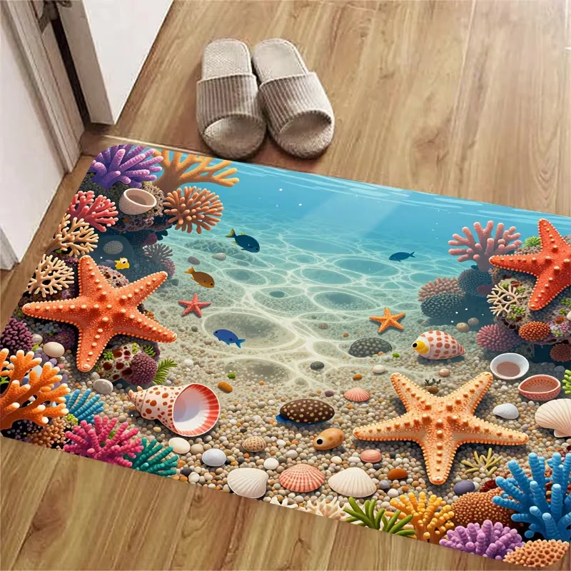 Ocean Coral Starfish Seabed Doormat Underwater Tropical Fish Seashell Print Non Slip Entry Floor Rug for Porch Home Decor