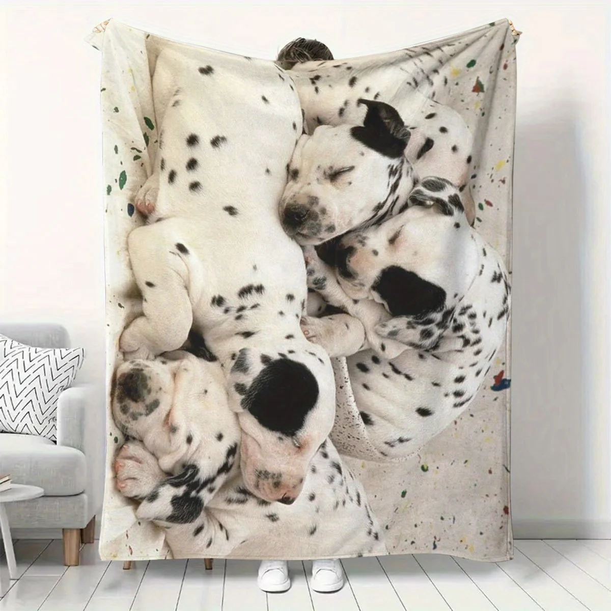 1pc Extra Large Flannel Throw Blanket, Cute Dalmatian Puppy Print, for Bedroom Living Room Sofa, Gift for Family Friends