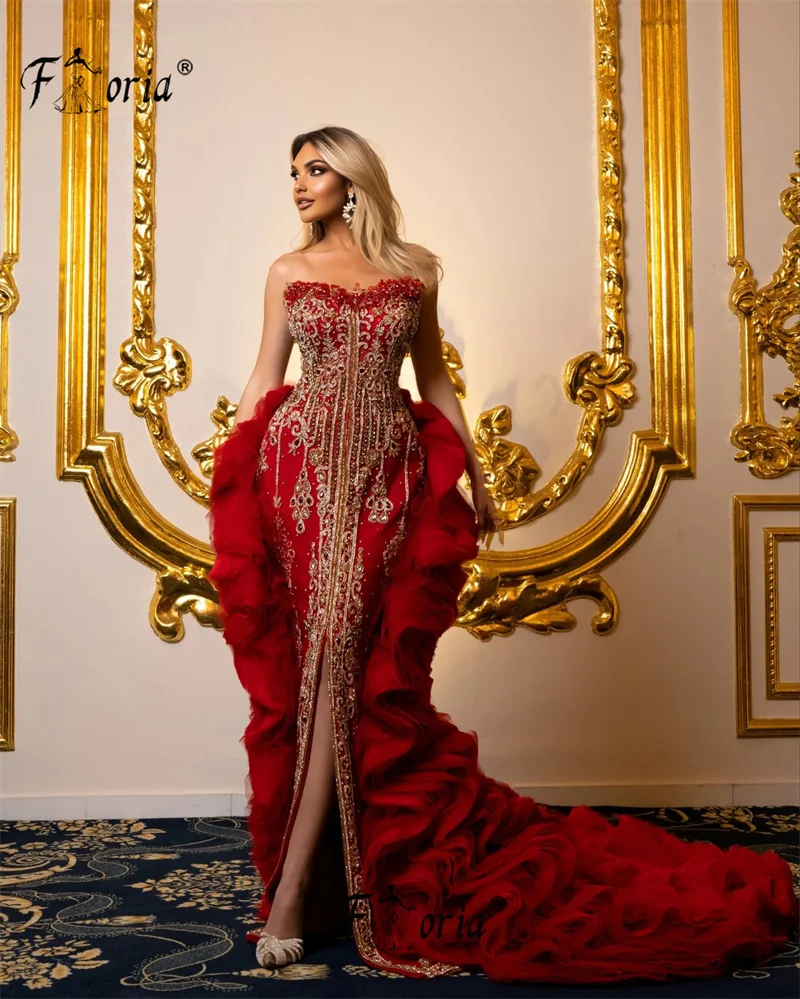 Luxury Crystal Beads Mermaid Evening Dresses Red Dubai Emboidery Handmade Party Prom Gown with Long Ruffled Train Vestidos Gala